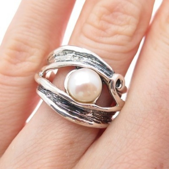 HAGIT GORALI 925 Sterling Vintage Israel Pearl Modernist Oxidized Ring Size 5.5 - Picture 1 of 8